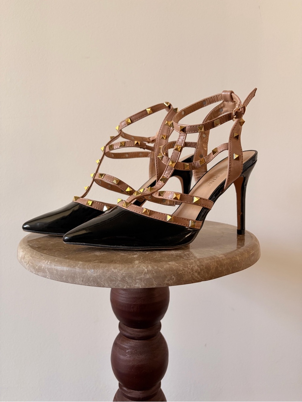 Black Patent Pointed-Toe Studded Strappy Heels - Women